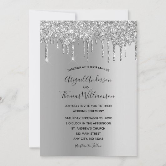 Silver Glitter Drip Trendy Elegant Modern Wedding Kaart (Voorkant)