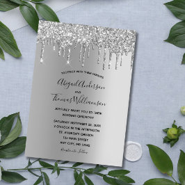 Silver Glitter Drip Trendy Elegant Modern Wedding Kaart