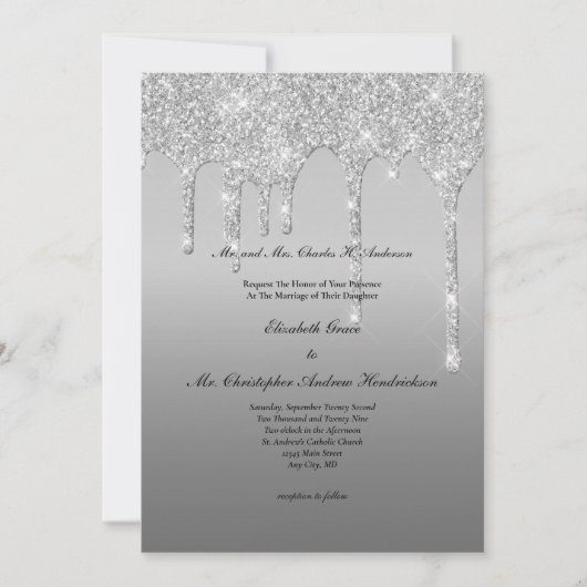 Silver Glitter Drip Trendy Elegant Modern Wedding Kaart (Voorkant)