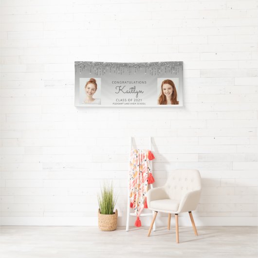 Silver Glitter Drip Two Photo Afstuderen Spandoek (Insitu)