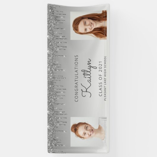 Silver Glitter Drip Two Photo Afstuderen Spandoek (Verticaal)