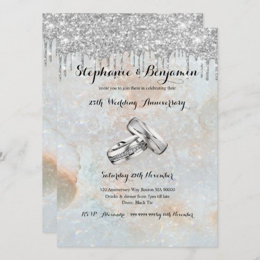 Silver Glitter Drips 25th Wedding Jubileum Chic Kaart (Voorkant / Achterkant)