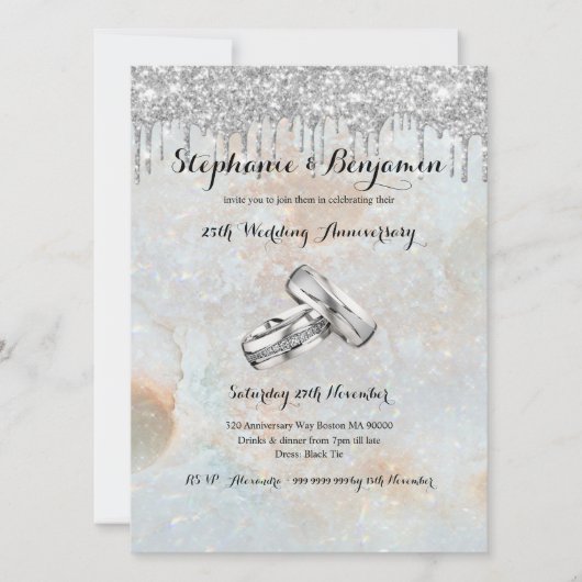 Silver Glitter Drips 25th Wedding Jubileum Chic Kaart (Voorkant)
