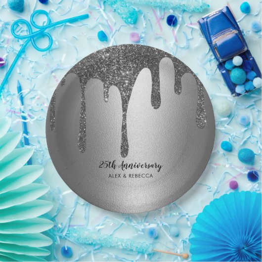 Silver Glitter Drips 25th Wedding Jubileum Papieren Bordje (Feest)