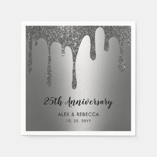 Silver Glitter Drips 25th Wedding Jubileum Servet (Voorkant)