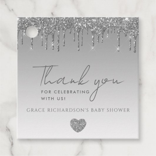 Silver Glitter Drips Baby shower Dank u Label (Voorkant)