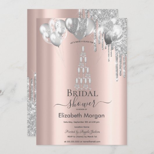 Silver Glitter Drips Ballonnen Champagne Glas Kaart (Voorkant / Achterkant)