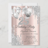 Silver Glitter Drips Balloons 25th Birthday Kaart (Voorkant)