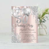 Silver Glitter Drips Balloons 50e verjaardag Kaart (Staand voorkant)
