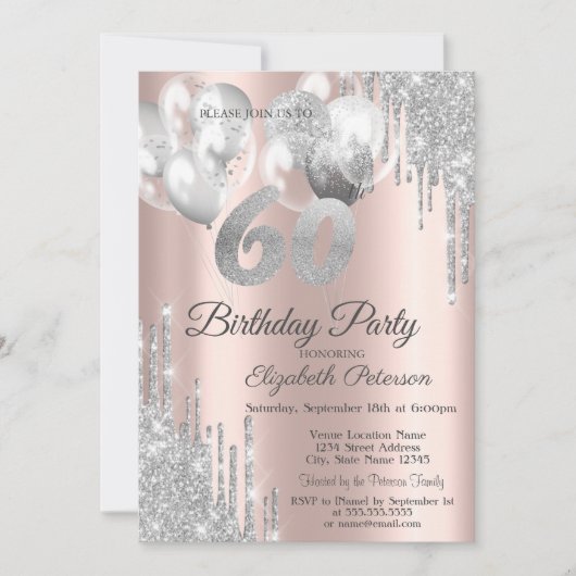 Silver Glitter Drips Balloons 60th Birthday Kaart (Voorkant)