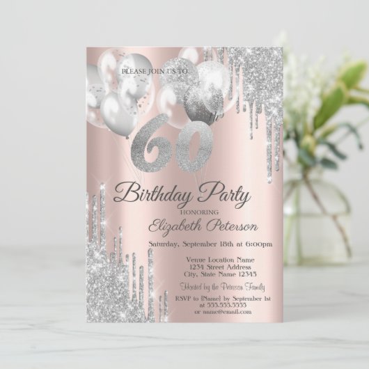 Silver Glitter Drips Balloons 60th Birthday Kaart (Staand voorkant)
