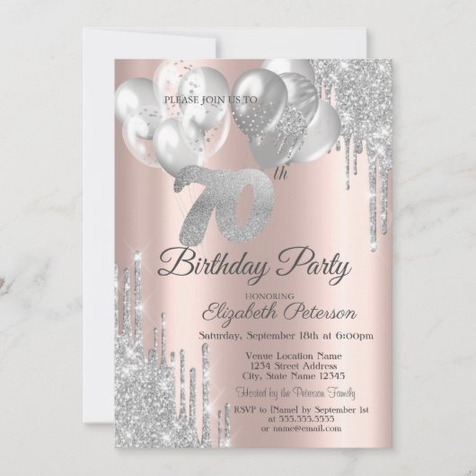 Silver Glitter Drips Balloons 70th Birthday Kaart (Voorkant)