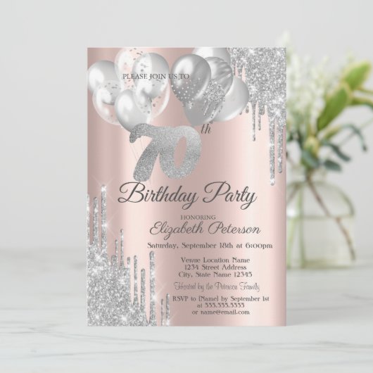 Silver Glitter Drips Balloons 70th Birthday Kaart (Staand voorkant)