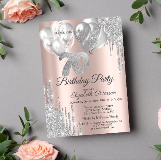 Silver Glitter Drips Balloons 70th Birthday Kaart