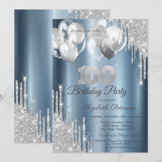 Silver Glitter Drips Balloons Blue Metallic 100th  Kaart (Voorkant / Achterkant)