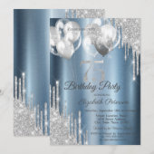 Silver Glitter Drips Balloons Blue Metallic 75th  Kaart (Voorkant / Achterkant)