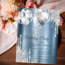Silver Glitter Drips Balloons Blue Metallic 75th  Kaart