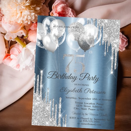 Silver Glitter Drips Balloons Blue Metallic 75th  Kaart