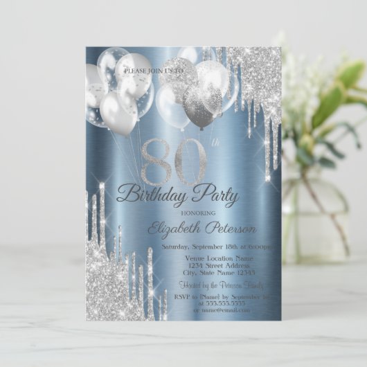 Silver Glitter Drips Balloons Blue Metallic 80th  Kaart (Staand voorkant)