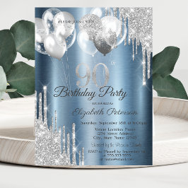 Silver Glitter Drips Balloons Blue Metallic 90th  Kaart