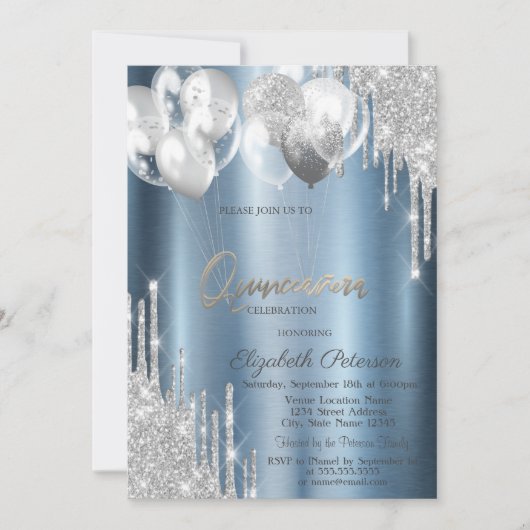 Silver Glitter Drips Balloons Blue Quinceanera Kaart (Voorkant)