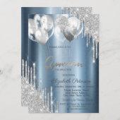 Silver Glitter Drips Balloons Blue Quinceanera Kaart (Voorkant / Achterkant)