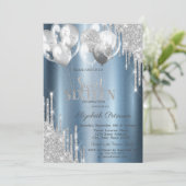 Silver Glitter Drips Balloons Blue Sweet 16 Kaart (Staand voorkant)