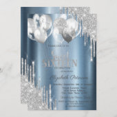 Silver Glitter Drips Balloons Blue Sweet 16 Kaart (Voorkant / Achterkant)