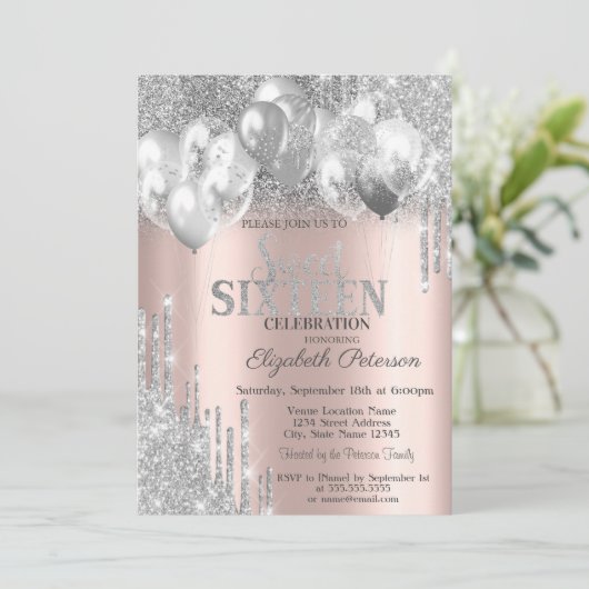 Silver Glitter Drips Balloons Roos Gold Sweet 16 Kaart (Staand voorkant)