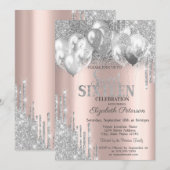 Silver Glitter Drips Balloons Roos Gold Sweet 16 Kaart (Voorkant / Achterkant)