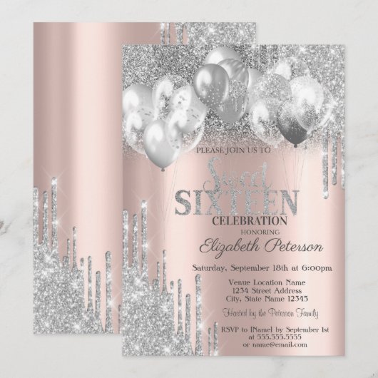 Silver Glitter Drips Balloons Roos Gold Sweet 16 Kaart (Voorkant / Achterkant)