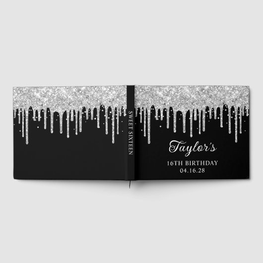 Silver Glitter Drips Black 16e verjaardag Gastenboek (Volledig)