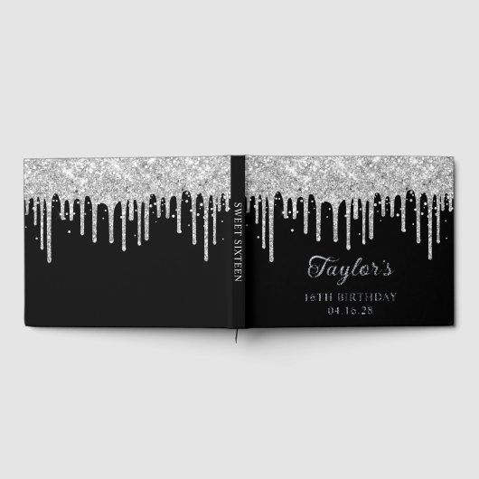 Silver Glitter Drips Black 16e verjaardag Gastenboek (Volledig)
