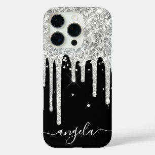 Silver Glitter Drips Black Glam-handtekening iPhone 16 Pro Hoesje