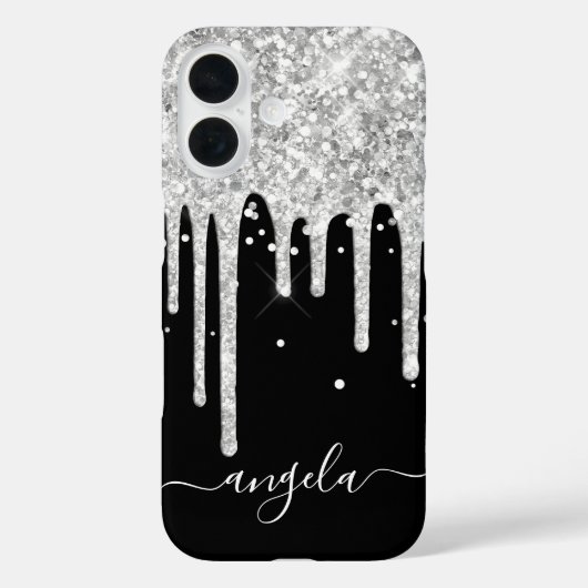 Silver Glitter Drips Black Glam-handtekening Case-Mate iPhone Case (Achterkant)