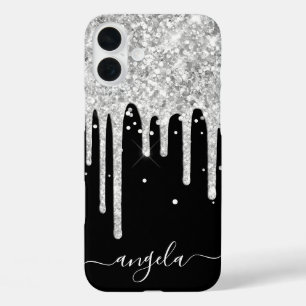 Silver Glitter Drips Black Glam-handtekening iPhone 16 Plus Hoesje