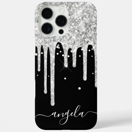 Silver Glitter Drips Black Glam-handtekening Case-Mate iPhone Case (Achterkant)