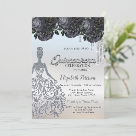 Silver Glitter Drips Black Rozen Sweet 16 Kaart (Staand voorkant)