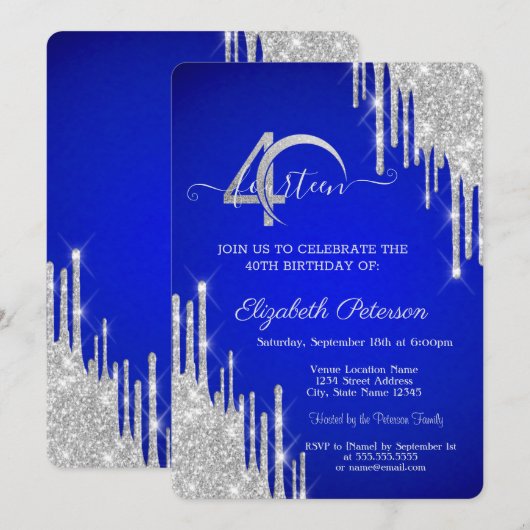 Silver Glitter Drips Blue 40th Birthday Kaart (Voorkant / Achterkant)