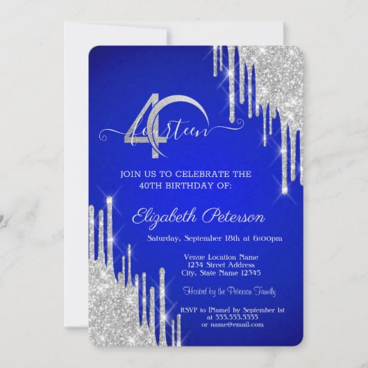 Silver Glitter Drips Blue 40th Birthday Kaart (Voorkant)