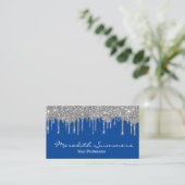 Silver Glitter Drips Blue Customize Glitter Visitekaartje (Staand voorkant)