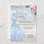 Silver Glitter Drips, Blue Dress Flowers Sweet 16 Kaart (Voorkant)