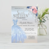 Silver Glitter Drips, Blue Dress Flowers Sweet 16 Kaart (Staand voorkant)