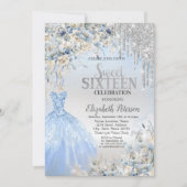 Silver Glitter Drips, Blue Dress Flowers Sweet 16 Kaart (Voorkant)