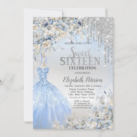 Silver Glitter Drips, Blue Dress Flowers Sweet 16 Kaart (Voorkant)