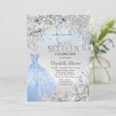Silver Glitter Drips, Blue Dress Flowers Sweet 16 Kaart (Staand voorkant)