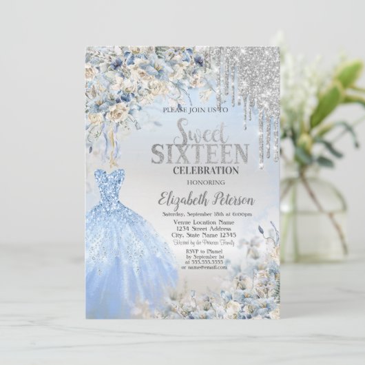 Silver Glitter Drips, Blue Dress Flowers Sweet 16 Kaart (Staand voorkant)