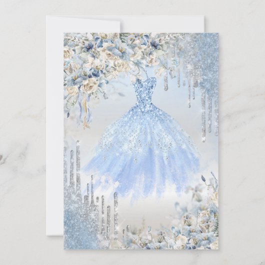Silver Glitter Drips, Blue Dress Flowers Sweet 16 Kaart (Achterkant)