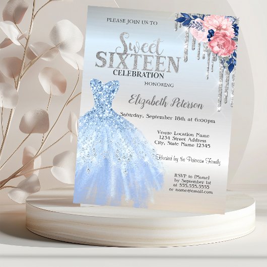 Silver Glitter Drips, Blue Dress Flowers Sweet 16 Kaart
