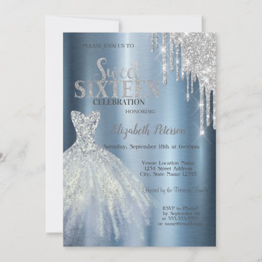 Silver Glitter Drips, Blue Dress Metallic Sweet 16 Kaart (Voorkant)
